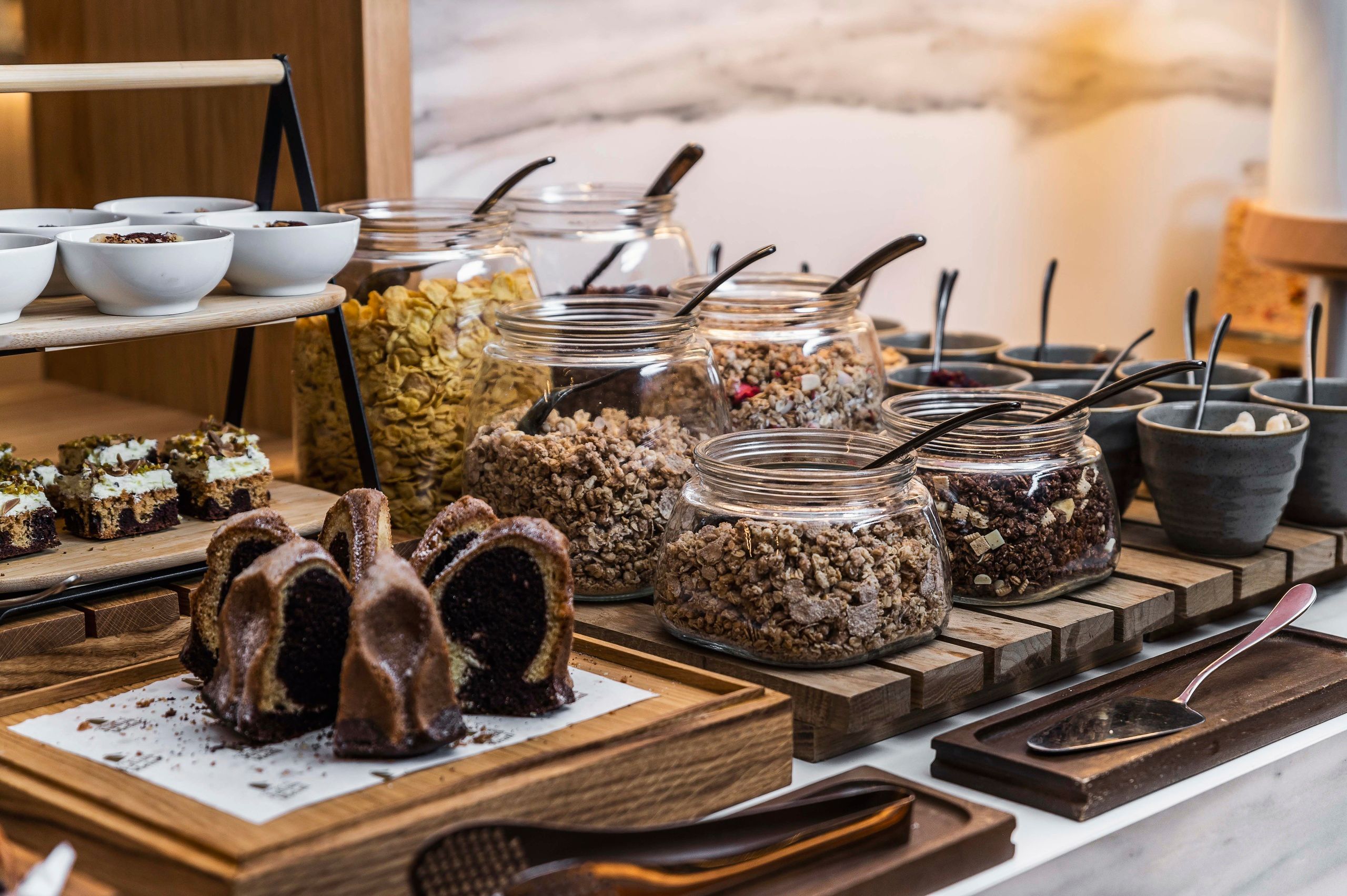 Muesli, cereals and sweets selection for the breakfast buffet 