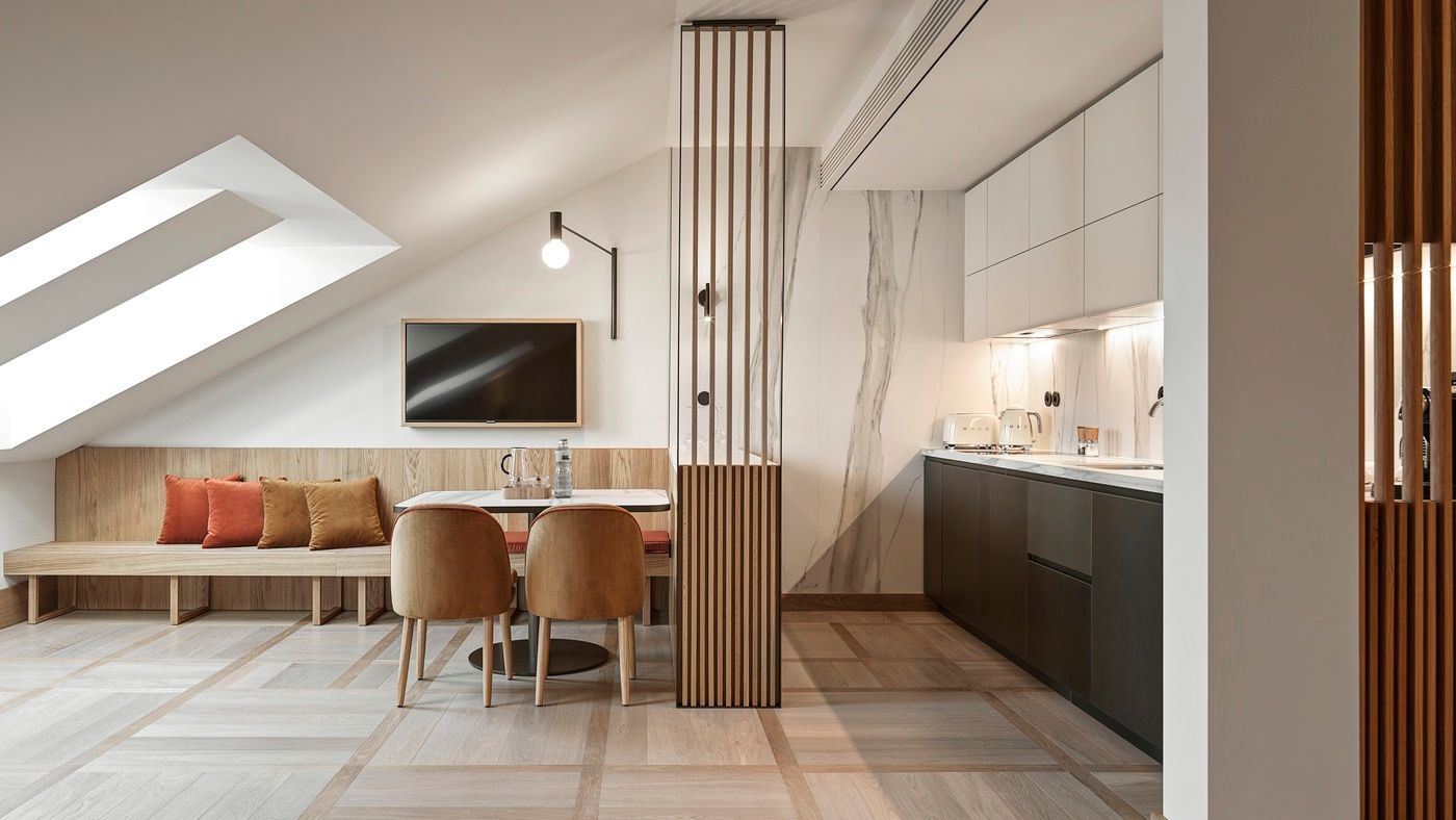 Kitchen and dining area in Penthouse Suite, The Julius Prague