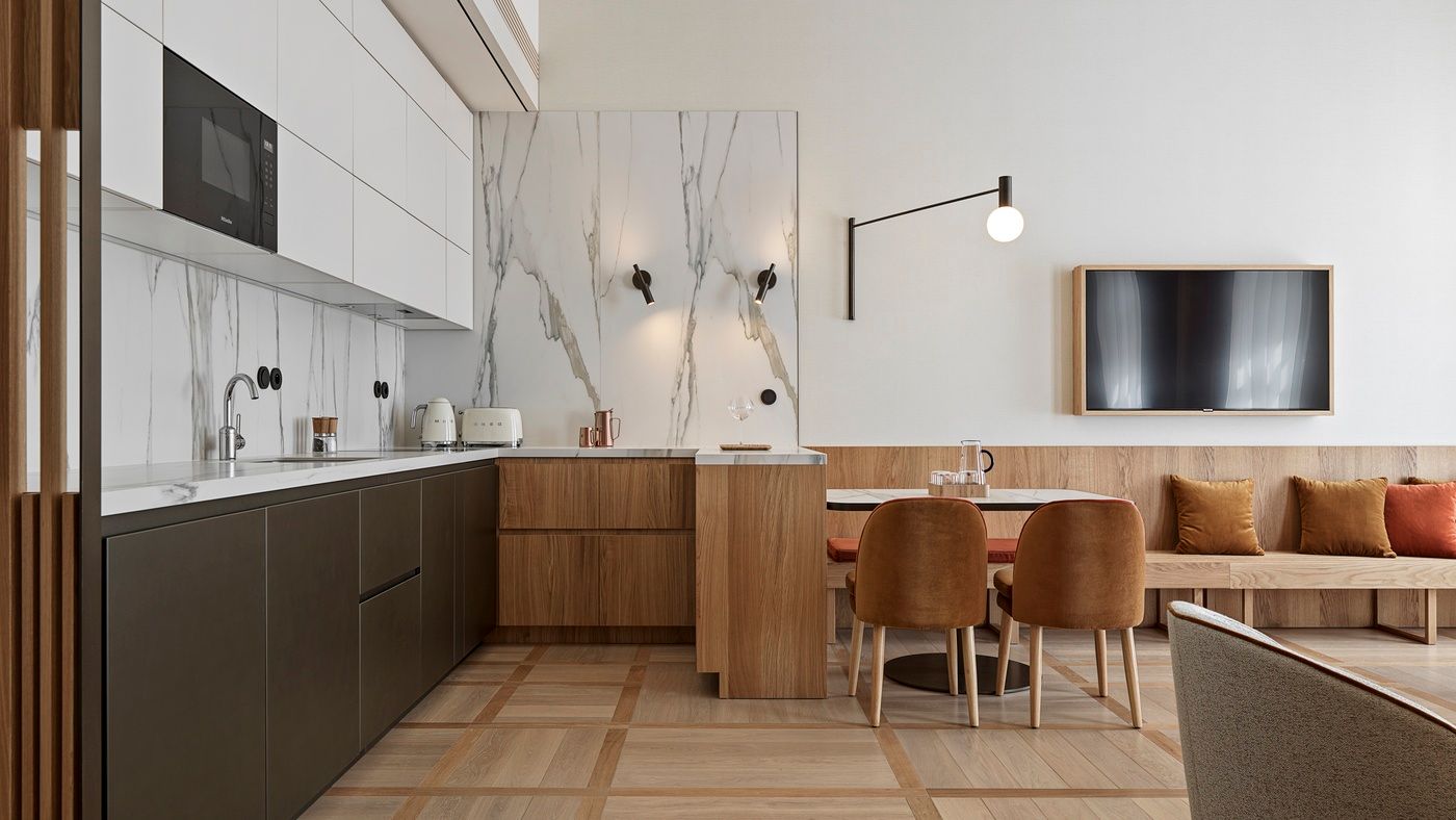 Kitchen and dining area in suites, The Julius Prague