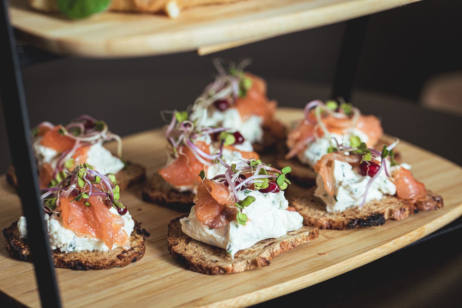Slices of bread with creme cheese and smoked salmon, The Julius Prague 