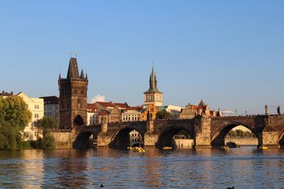  Sunny Day at Charles Bridge: Bask in the sunshine on a glorious day at Prague's Charles Bridge. The blue sky provides a stunning backdrop to the historic bridge adorned with its iconic statues. Visitors and locals alike stroll along this iconic landmark, enjoying the vibrant atmosphere of this Czech treasure