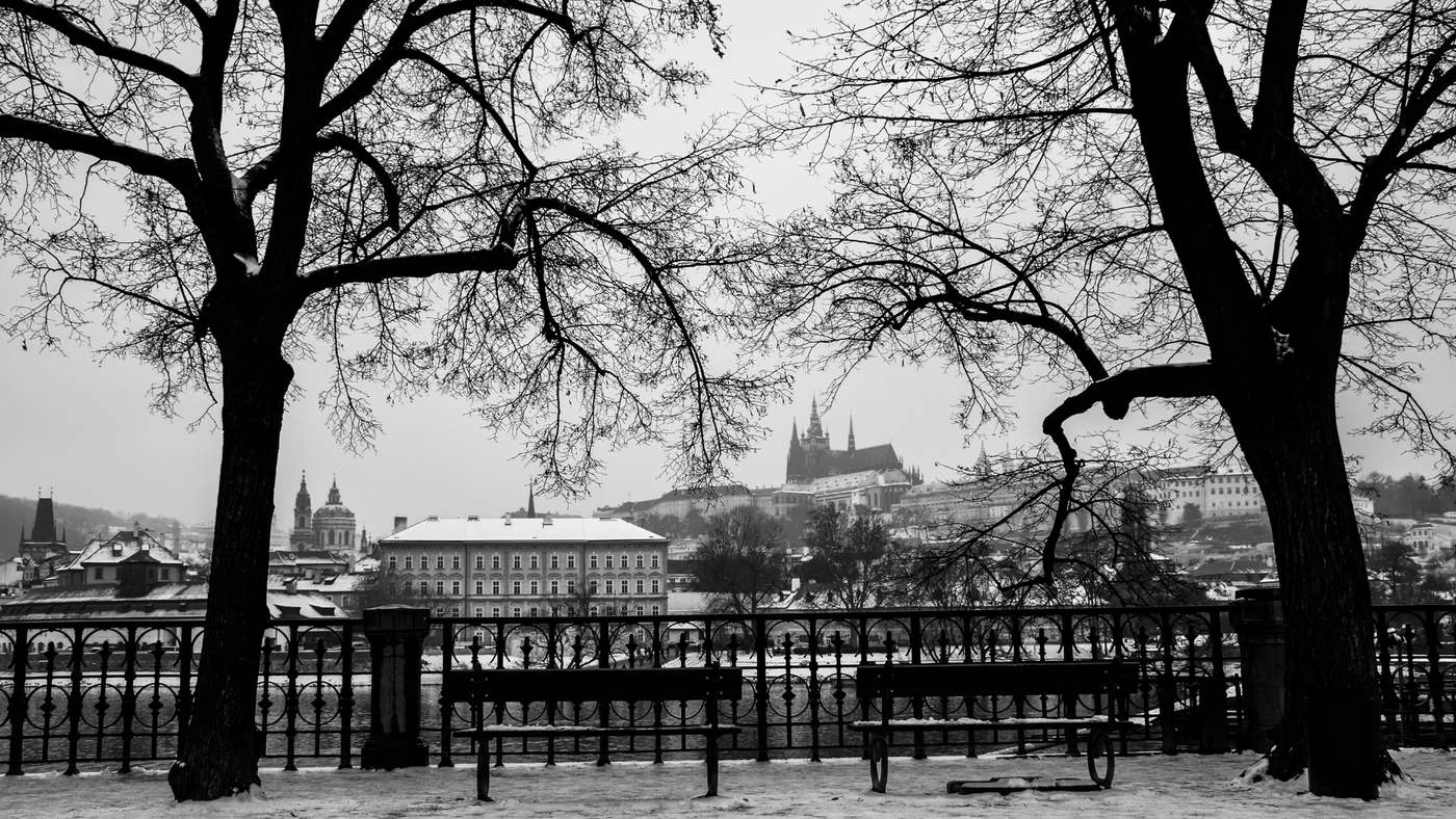 Prague Castle in Winter: A serene and wintry view of Prague Castle, its Gothic spires dusted with a gentle layer of snow. The image captures the castle from an embankment, where the surroundings are bathed in cold, muted colors. Above, the sky is shrouded in a soft, cloudy white, setting a tranquil and frosty scene in the heart of the Czech Republic's capital.
