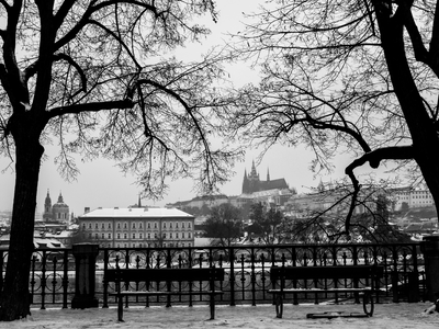  Prague Castle in Winter: A serene and wintry view of Prague Castle, its Gothic spires dusted with a gentle layer of snow. The image captures the castle from an embankment, where the surroundings are bathed in cold, muted colors. Above, the sky is shrouded in a soft, cloudy white, setting a tranquil and frosty scene in the heart of the Czech Republic's capital.